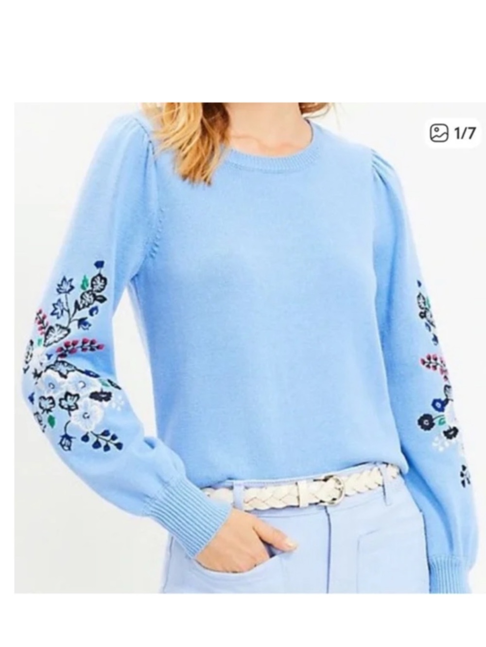 EUC LOFT Blue Embroidered Sleeve Crew Neck Pullover Cotton Knit Sweater